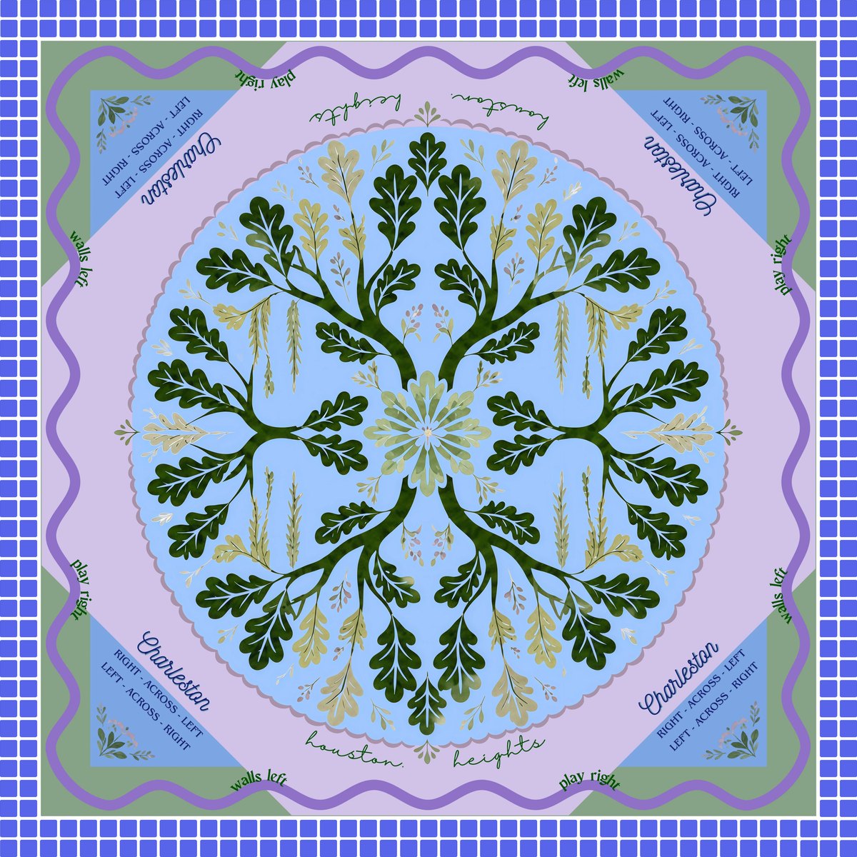 The Your Heights Mat design: a ring of live oak branches on a pale blue circle, framed by a wavy lavender border and a blue tile edge