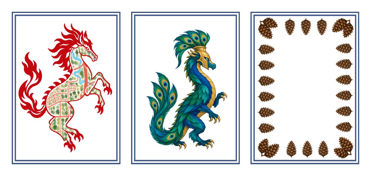 Dragon tiles: a red Mustang-style dragon patterned with the Village maps, a green dragon made of peacock feathers wearing a Spartan helmet, and a pinecone frame