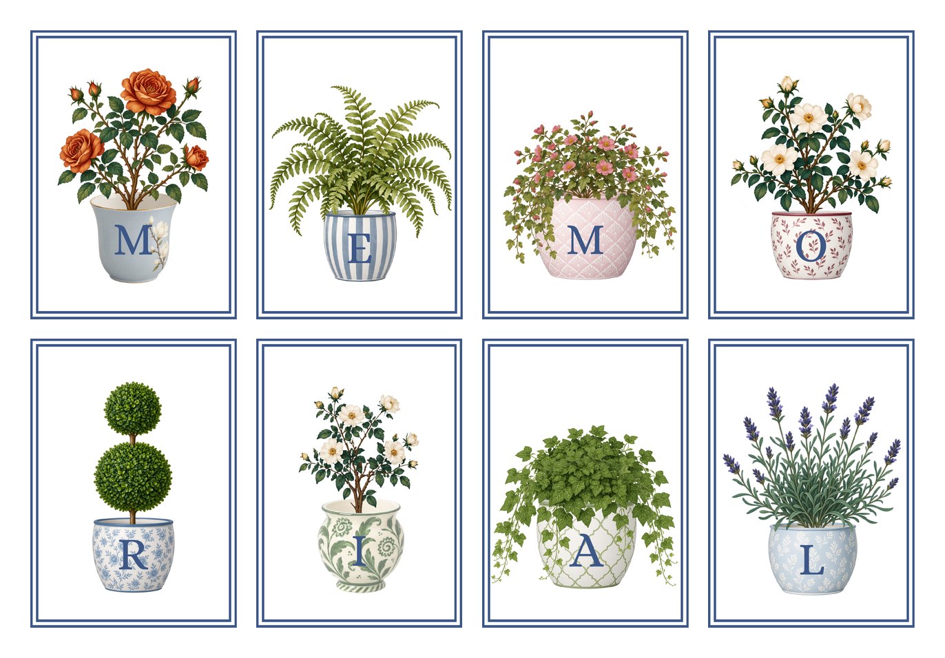 Flower tiles: potted plants spelling MEMORIAL
