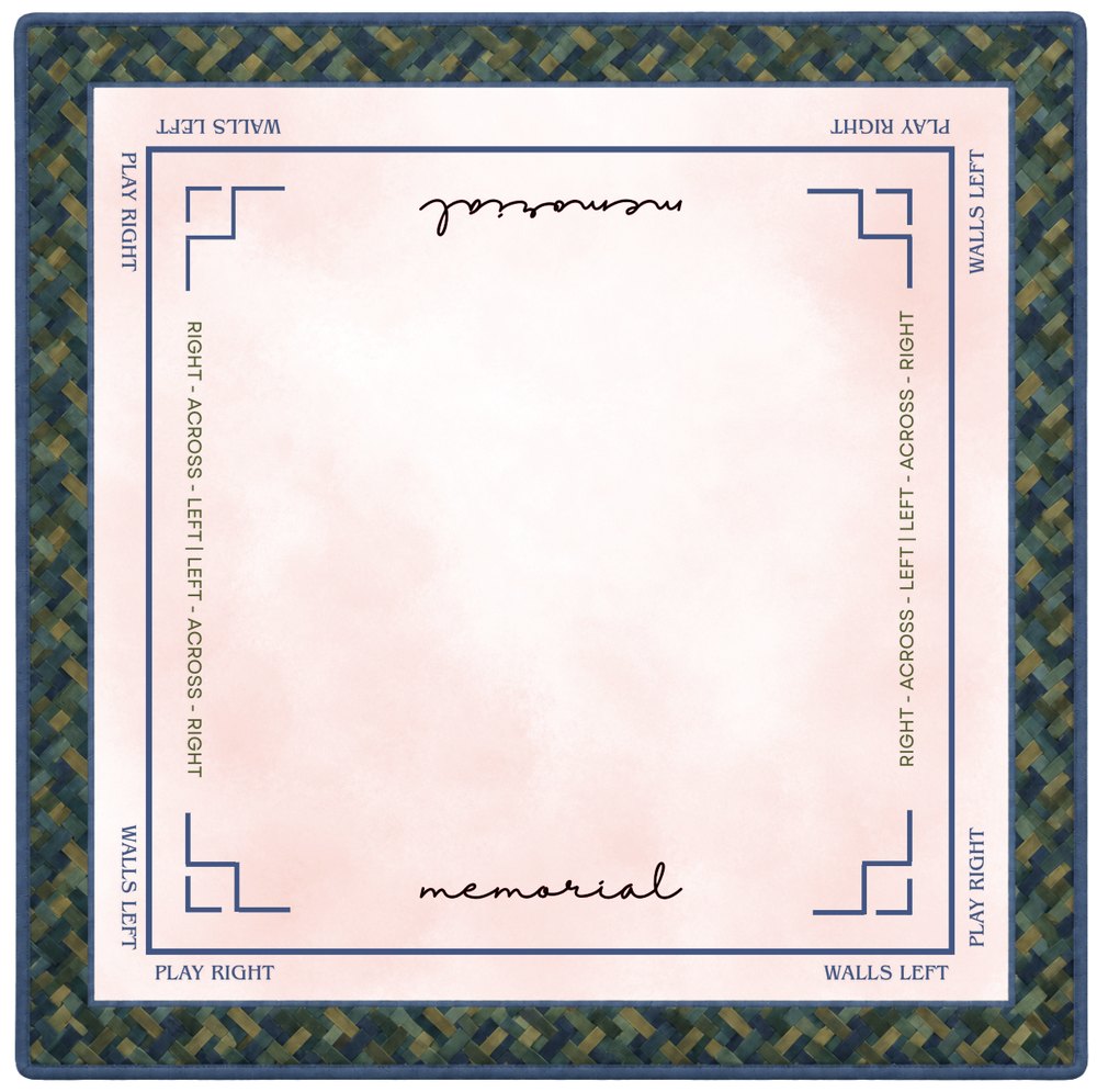The Your Memorial Mat design: a soft blush center with memorial in script on two sides, a navy frame with walls and Charleston guides in every corner, and a woven border in teal, navy and gold