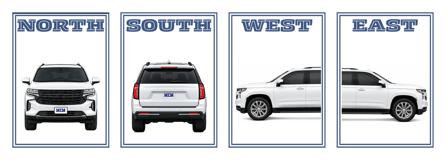 Wind tiles: a white Suburban facing north, south, east and west